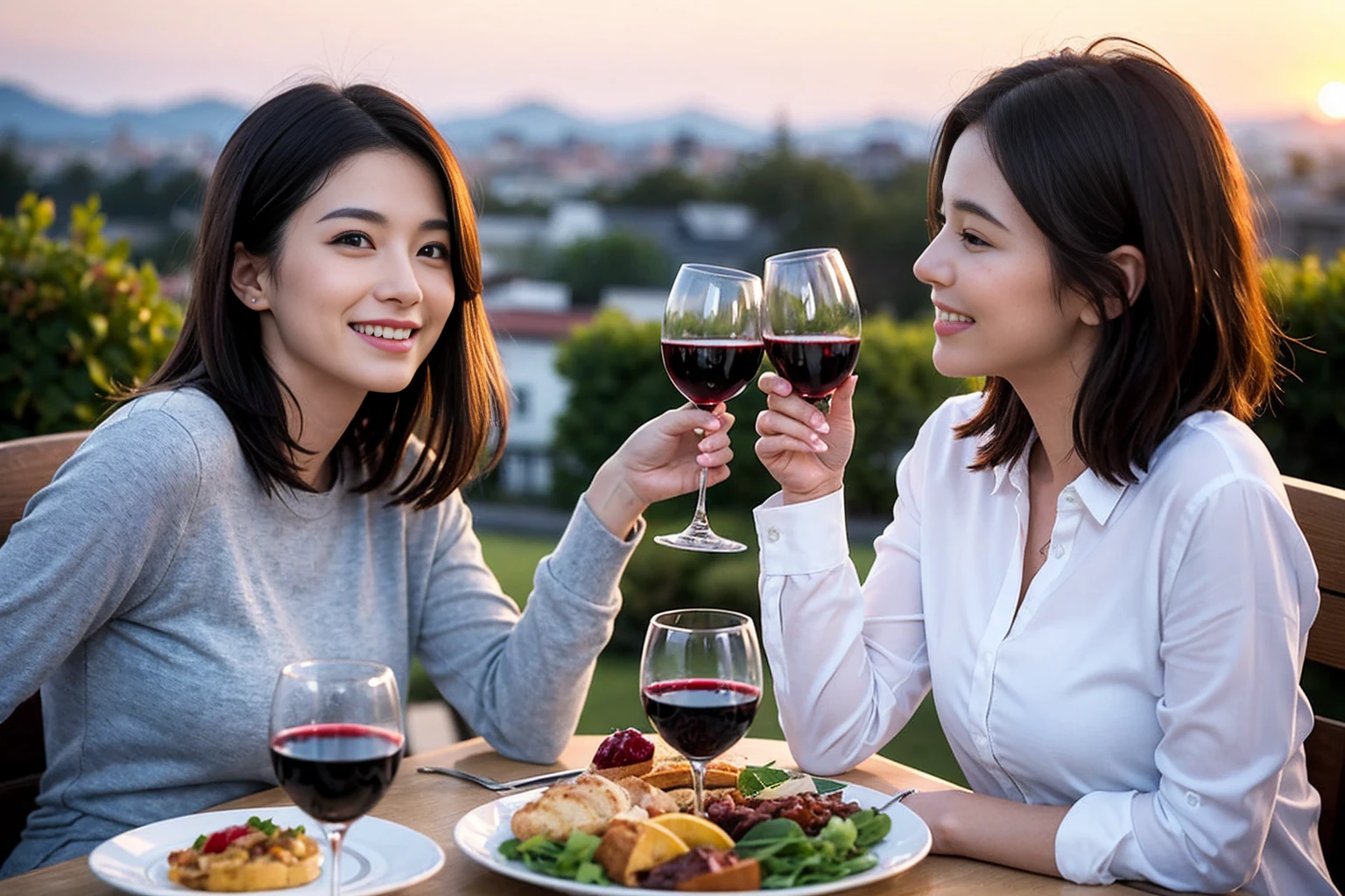 ((Highest quality、8K、masterpiece:1.3))、 (Ultra-realistic、 Genuine、Bright image、Intricate details:1.2), 最高のsmile、Slim Beauty、1 male 1 female、Beautiful couple、love love love、Lovers in Kyoto、Good friends、actress couple、smile、Full-course dinner at a packed table、 (Slim face), (the body is slim), (Brown Hair), (short hair), テーブルのwine glass、Please shine a light on my face、 Amazing view of the sunset sky and clouds、 years old 39 years old, red wine 、Appetizers、Wine bottle、sparkling wine、Long sleeve shirt、dress、White wine, red wine, wine glass, 