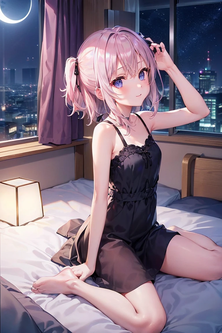 Late at night,0:00 at night、Room with a night view、It's pitch black outside、((You can see the night view from the window:2)), bedroom、((Girl sitting on bed))、(One Girl),(Beautifully drawn eyes in every detail、Look at the detailasterpieceサイドライト、masterpiece、Highest quality、detailed、High resolution illustrations),Delicate makeup, (Close-up:1.2)、throw、Soft Focus、Background blur、Turn to me and smile,Iris,(((Silver Hair,Her hair color is a blue-gray gradient))), Semi-long hair:1.2, 非常にdetailedな, Complex, Tabletop,purple camisole dress、