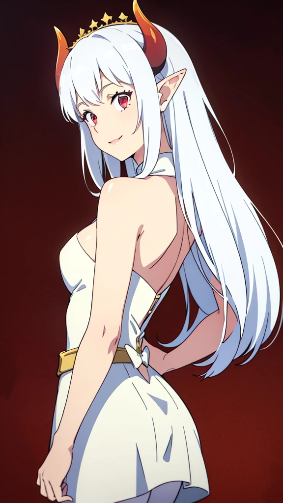 1girl,20s,solo,white short dress,white hair,long hair,elf ears,horns,white pantyhose,cleavage,red eyes,gold tiara,((no background)),talking,happy,smile,separated lips,back view,hand_on_own_cheek,looking to side,head up