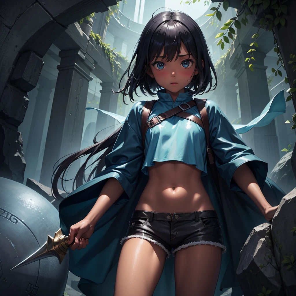 最high quality、high quality、Simple cloth clothing、10Year old girl adventurer、Descend the maze stairs、Shorts、Equipped with a dagger and a shield、In a dark maze、The body is being swallowed by slime