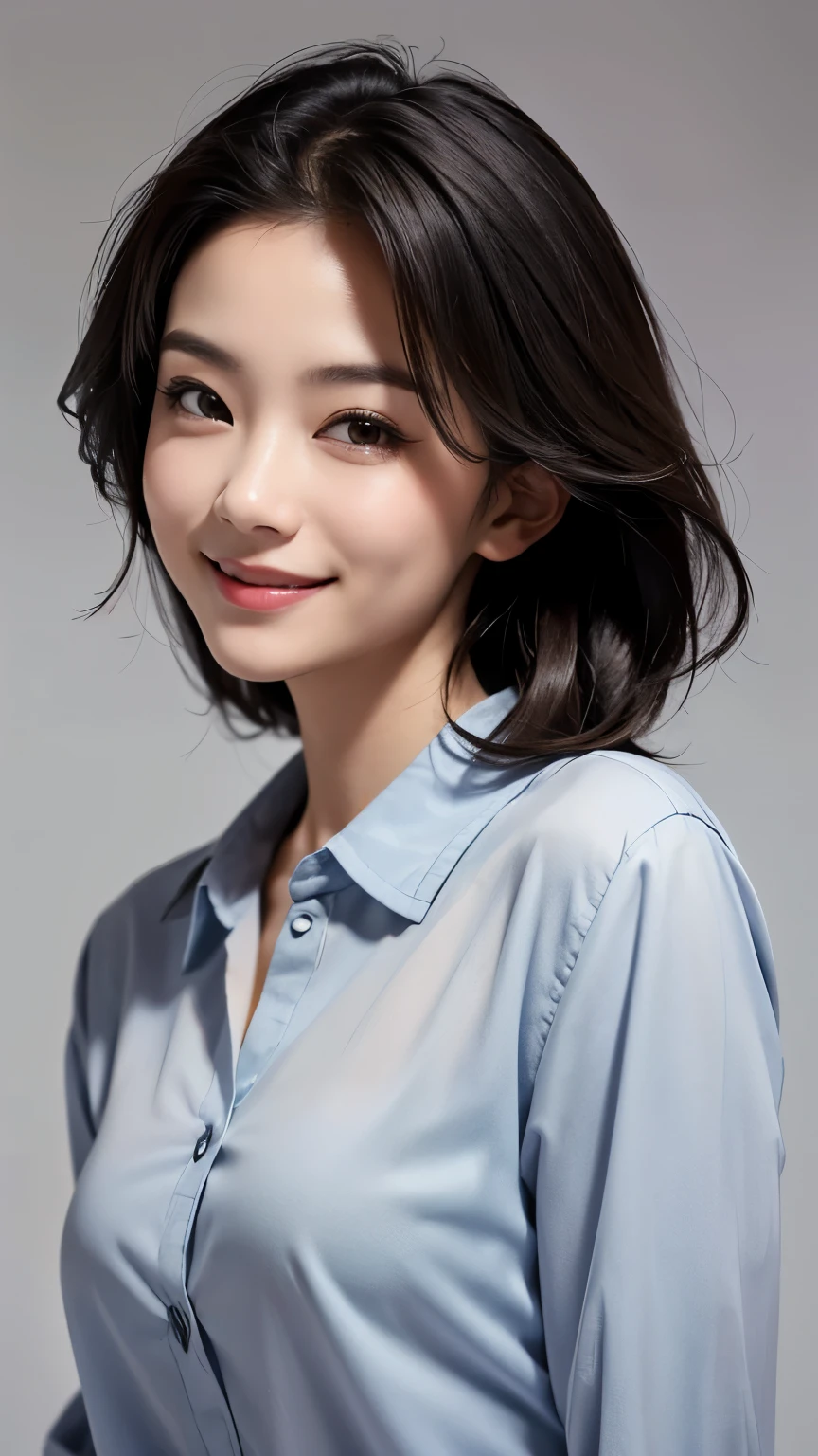 A woman wearing a loose, neat shirt is looking straight into the camera, Small breasts, The shirt is buttoned up to the top, Looking at the one you love and smiling, The background is a plain gray gradient, Close-up