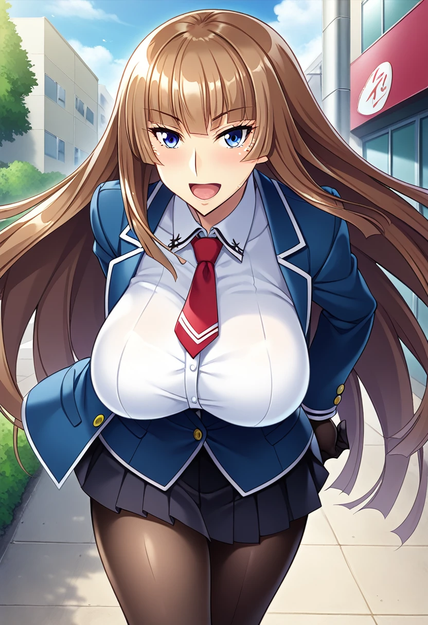 score_9, score_8_up, score_7_up, score_6_up, source_anime, game cg, aoi_nagisa_\(metalder\), BREAK solo, 1girl, koukawa asuka, brown hair, long hair, blue eyes, large eyes, bangs, side bangs, (huge breasts:0.8), medium body, BREAK school_uniform, blue jacket, (white collared blouse:1.1), tight clothes, red long necktie, black gloves, black pleated skirt, black pantyhose, BREAK happy, open mouth, outside, street, cowboy shot,