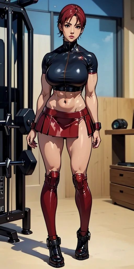 Good, female character, extremely lifelike, very beautiful, Fitness, big-ass, legs thick, 8K, red leather skirt 