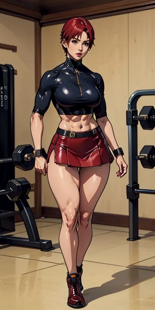 Good, female character, extremely lifelike, very beautiful, Fitness, big-ass, legs thick, 8K, red leather skirt 