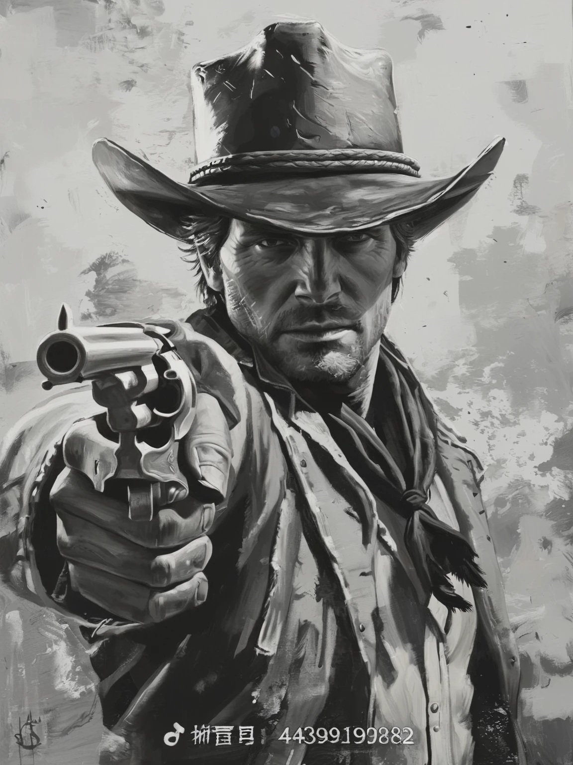 a painting of a man in a cowboy hat holding a gun, Red Undead redemption art style,, Jesse McCree, Western painting, cowboy portrait, [ Red Undead ], the Gunner, cowboy, Arthur Morgan, Western Art, western Gunner, Inspired by Clint Clearley, The Old West, Death Redemption, Gunner,Black and White，sketch