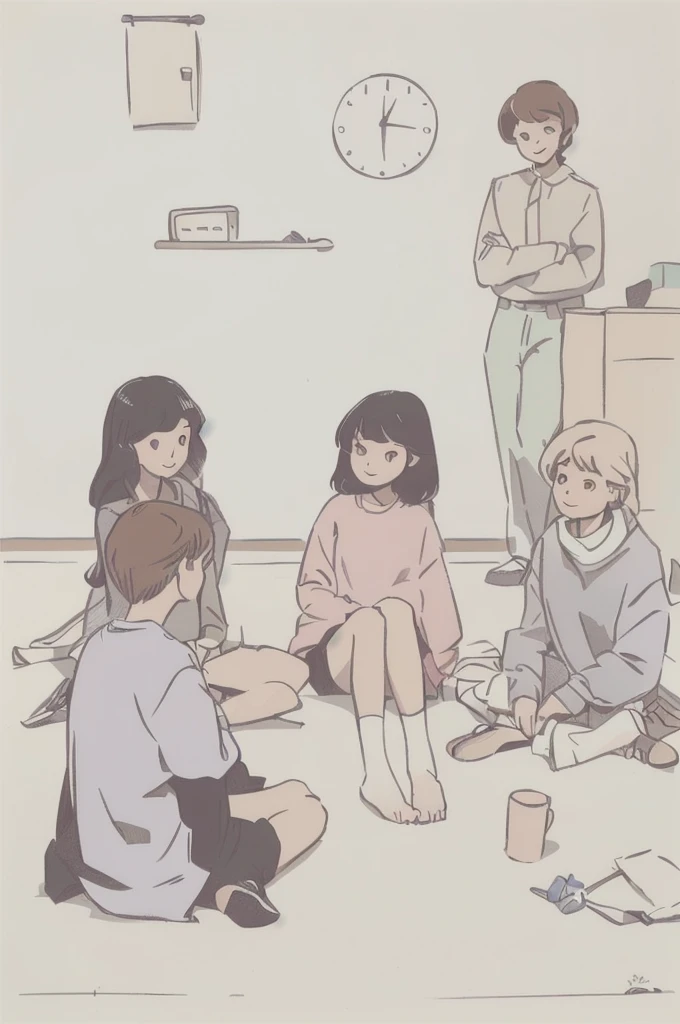 There are a lot of people sitting on the floor of the room, Smooth animated illustrations, Today's recommended animation stills, In the art style of 80's animation, DDLC, sankakucomplex anime image, Afternoon hangout, nekomimi, Flat animation style, anime aesthetic, slice of life animation, anime cat girl, cute animation, anime scene, still in animation