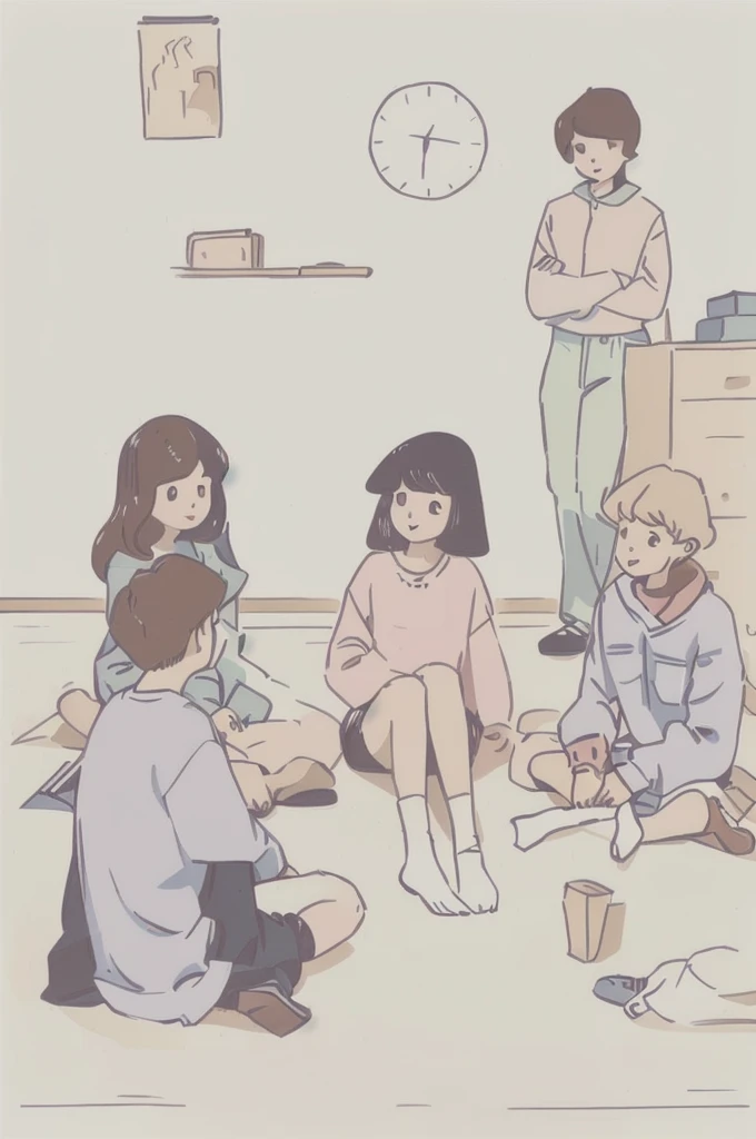 There are a lot of people sitting on the floor of the room, Smooth animated illustrations, Today's recommended animation stills, In the art style of 80's animation, DDLC, sankakucomplex anime image, Afternoon hangout, nekomimi, Flat animation style, anime aesthetic, slice of life animation, anime cat girl, cute animation, anime scene, still in animation