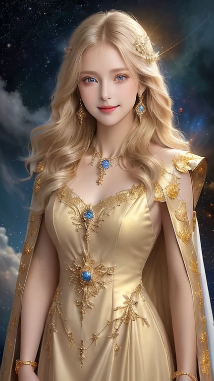 (masterpiece、Highest quality、High resolution、Best lighting、8K)、((One beautiful goddess、Standing posture、フローティング in the sky like a star))、(Gold and jewel decoration、Gold Bracelet、eye、nose、face、Blue Eyes、Elegant and beautiful)、(A look of mercy、Looking at this、Smiling expression、Bright atmosphere、カメラeye線)、(whole body、Blonde medium long、Reflected by light、Golden Cape、 White long dress、Beautiful chest、Sleeveless).    The background is a myriad of stars and nebulae、The universe is full of light、