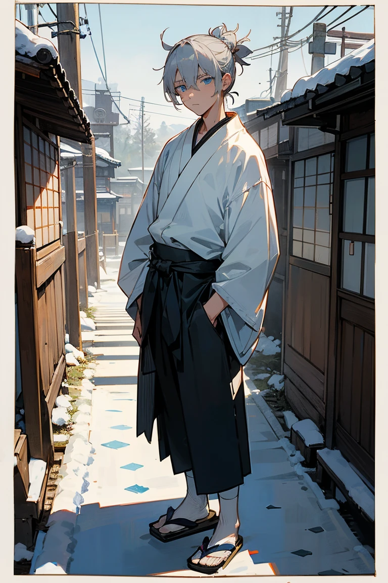 1 male, teenager, Gray Hair, short hair, Messy Man Bun, blue eyes, White yukata, Black underwear, (old Japan background), Detailed Background, standing on the path, Expressionless, emotionless, Old Japanese town background, Snow Scene、I'm wearing sunglasses、Landscape、Wearing a white yukata、I&#39;m wearing black clothes.、