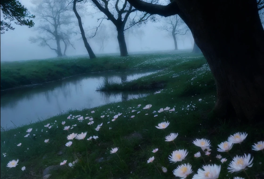 masterpiece of materpieces, PHOTOREALITIC, DENSE MIST. Smokey skies cast eerie light in the Anthropocene on a lake surrounded by cherry blossom trees, snow falling, pink dandelions covered in snow in enchanted forest, heavy mist and fog over the lake, fairy tale vibes, petals floating, dreamy looking, Sun burning like fire. Stars on the sky. Field filled with white flowers. PHOTOREALISTIC and cinematic. Nikon Z9
