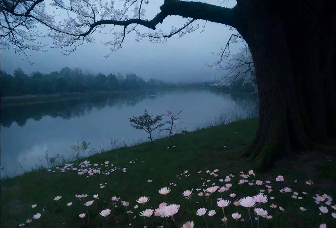 masterpiece of materpieces, PHOTOREALITIC, DENSE MIST. Smokey skies cast eerie light in the Anthropocene on a lake surrounded by cherry blossom trees, snow falling, pink dandelions covered in snow in enchanted forest, heavy mist and fog over the lake, fairy tale vibes, petals floating, dreamy looking, Sun burning like fire. Stars on the sky. Field filled with white flowers. PHOTOREALISTIC and cinematic. Nikon Z9