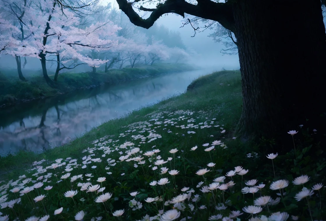 masterpiece of materpieces, PHOTOREALITIC, DENSE MIST. Smokey skies cast eerie light in the Anthropocene on a lake surrounded by cherry blossom trees, snow falling, pink dandelions covered in snow in enchanted forest, heavy mist and fog over the lake, fairy tale vibes, petals floating, dreamy looking, Sun burning like fire. Stars on the sky. Field filled with white flowers. PHOTOREALISTIC and cinematic. Nikon Z9