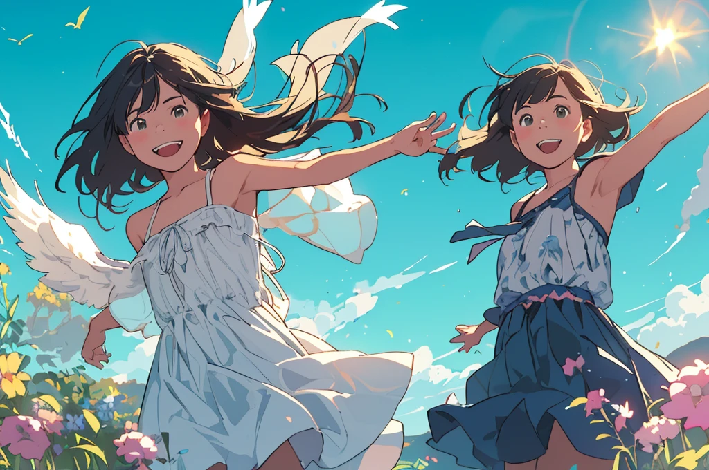 Reasonable design, Clear lines, High Sharpness, (Highest quality,8K,Perfect sharpness,Ultra fine,High resolution,masterpiece:1.2), Perfect Anatomy:1.5, Official Art, Illustrations that tell a story, (Whitish background:0. 9)、Body Positivity、多Mr.な身体表現、(Random and energetic poses)、Perfect beauty、Perfect beautiful face、Strong winds、A rich expression、Dynamic composition、smile、Golden ratio composition、colorful、((Mr.々Different angles and perspectives))、Anime Art、(Mini dress)、(Overcoming stereotypes)、 Glowing Skin、(Natural beauty)、smile、Bangs、(Soft and flowing hair)、(countryside)、(Nostalgic atmosphere)、Put up to your feet、(Playful and carefree)、(多Mr.な民族のキャラクター)、(innocent attitude)、(Sunny atmosphere)、(The skirt flutters wildly in the wind)、(Bright colors)、Beautiful Eyes、(Embarrassing)、Braided Hair、Summer Scene、Smiling among flowers、Angle from below、