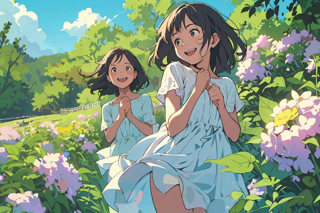 Reasonable design, Clear lines, High Sharpness, (Highest quality,8K,Perfect sharpness,Ultra fine,High resolution,masterpiece:1.2), Perfect Anatomy:1.5, Official Art, Illustrations that tell a story, (Whitish background:0. 9）、Body Positivity、多Mr.な身体表現、（Random and energetic poses）、Perfect beauty、Perfect beautiful face、Strong winds、A rich expression、Dynamic composition、smile、Golden ratio composition、colorful、（(Mr.々Different angles and perspectives)）、Anime Art、(Mini dress)、（Overcoming stereotypes）、 Glowing Skin、（Natural beauty）、smile、Bangs、（Soft and flowing hair）、（countryside）、（Nostalgic atmosphere）、Put up to your feet、（Playful and carefree）、（多Mr.な民族のキャラクター）、（innocent attitude）、（Sunny atmosphere）、(The skirt flutters wildly in the wind)、（Bright colors）、Beautiful Eyes、(Embarrassing)、Braided Hair、Summer Scene、Smiling among flowers、Angle from below、