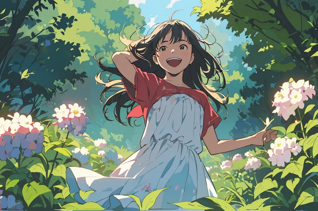 Reasonable design, Clear lines, High Sharpness, (Highest quality,8K,Perfect sharpness,Ultra fine,High resolution,masterpiece:1.2), Perfect Anatomy:1.5, Official Art, Illustrations that tell a story, (Whitish background:0. 9)、Body Positivity、多Mr.な身体表現、(Random and energetic poses)、Perfect beauty、Perfect beautiful face、Strong winds、A rich expression、Dynamic composition、smile、Golden ratio composition、colorful、((Mr.々Different angles and perspectives))、Anime Art、(Mini dress)、(Overcoming stereotypes)、 Glowing Skin、(Natural beauty)、smile、Bangs、(Soft and flowing hair)、(countryside)、(Nostalgic atmosphere)、Put up to your feet、(Playful and carefree)、(多Mr.な民族のキャラクター)、(innocent attitude)、(Sunny atmosphere)、(The skirt flutters wildly in the wind)、(Bright colors)、Beautiful Eyes、(Embarrassing)、Braided Hair、Summer Scene、Smiling among flowers、Angle from below、