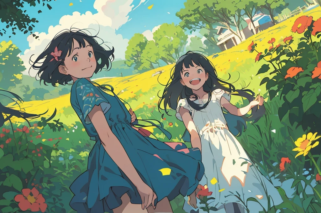 Reasonable design, Clear lines, High Sharpness, (Highest quality,8K,Perfect sharpness,Ultra fine,High resolution,masterpiece:1.2), Perfect Anatomy:1.5, Official Art, Illustrations that tell a story, (Whitish background:0. 9）、Body Positivity、多Mr.な身体表現、（Random and energetic poses）、Perfect beauty、Perfect beautiful face、Strong winds、A rich expression、Dynamic composition、smile、Golden ratio composition、colorful、（(Mr.々Different angles and perspectives)）、Anime Art、(Mini dress)、（Overcoming stereotypes）、 Glowing Skin、（Natural beauty）、smile、Bangs、（Soft and flowing hair）、（countryside）、（Nostalgic atmosphere）、Put up to your feet、（Playful and carefree）、（多Mr.な民族のキャラクター）、（innocent attitude）、（Sunny atmosphere）、(The skirt flutters wildly in the wind)、（Bright colors）、Beautiful Eyes、(Embarrassing)、Braided Hair、Summer Scene、Smiling among flowers、Angle from below、