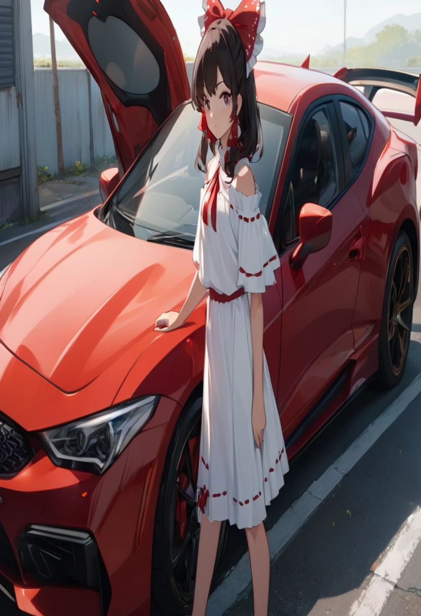 araffe girl in a white dress standing next to a red car, anime style 4 k, anime style. 8k, cute anime waifu in a nice dress, anime moe artstyle, 8k!, reimu hakurei, made with anime painter studio, guweiz, smooth anime cg art, badass anime 8 k, high quality anime artstyle