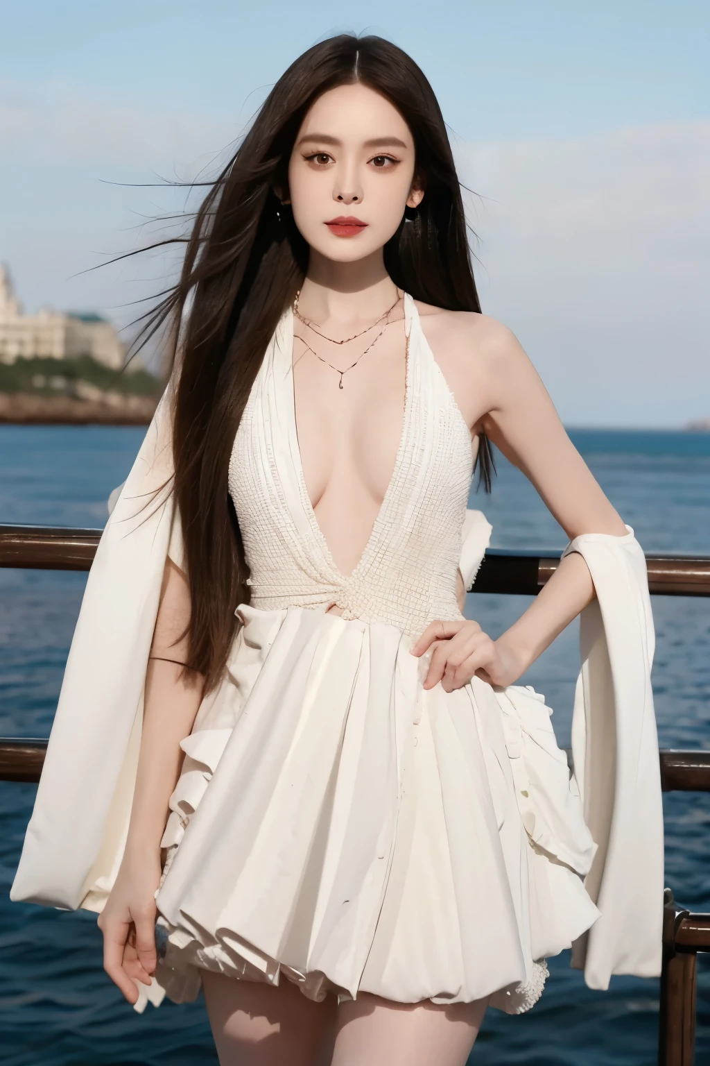 Beautiful woman with perfect body：1.4，Prominent cleavage，Layered Hairstyle，Highly detailed face and skin textures，Double eyelids，Skin Whitening，Long hair，Whitened long legs，（Student uniforms，necklace），Standing by the sea，Half-length photo