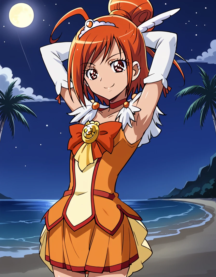 curesunny, shiny skin, high quality, solo, 1girl, night sky, beach, arms behind head, (contrapposto), closed mouth, spread armpits, (cowboy shot:1.5), looking at viewer, best quality, smile,