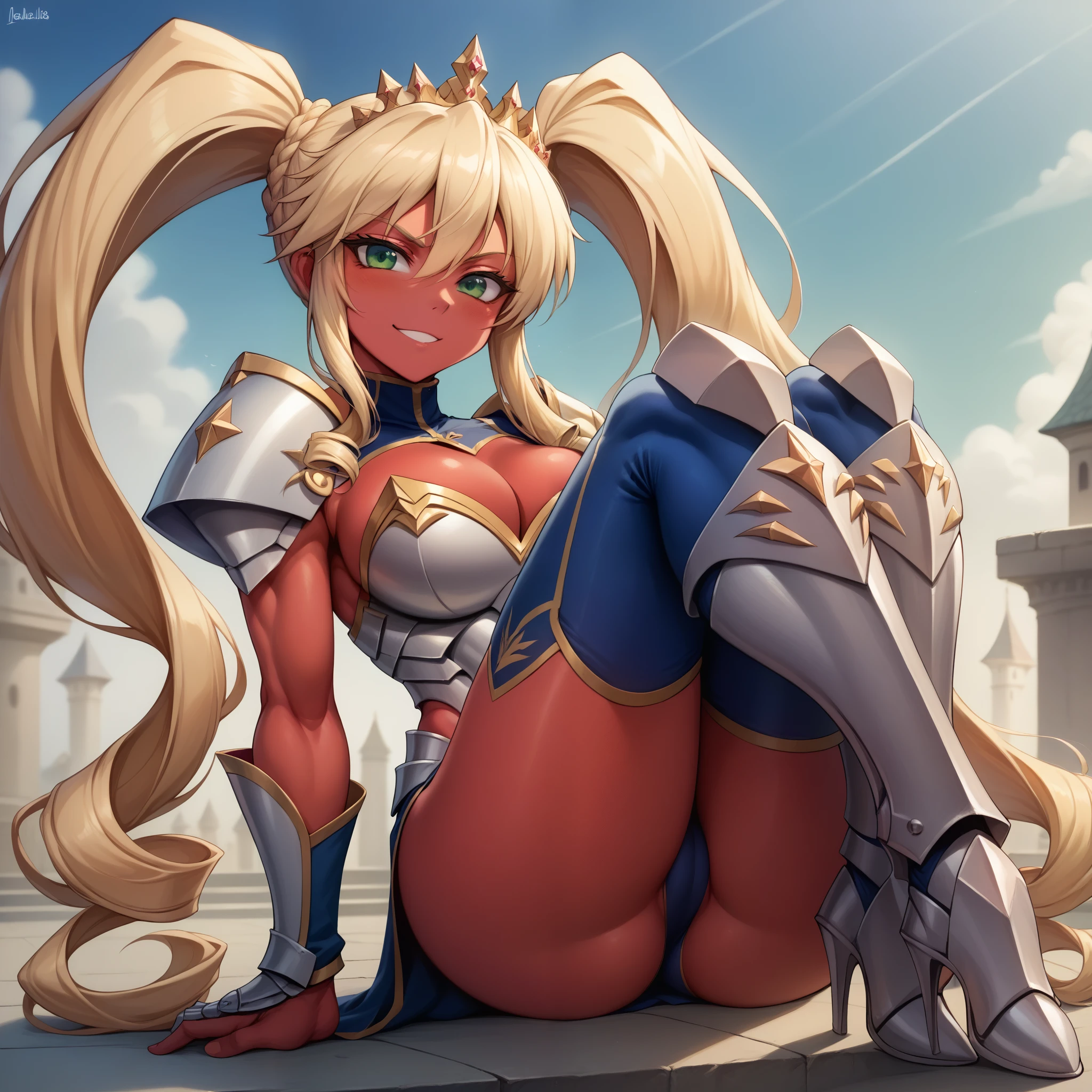 Lancer Artoria, elegant adult female, blonde, green eyes (yellow eyelashes) crown, turtleneck, full body sitting on a bench, showing ass to me, RED breastplate, RED skin (1SologirlRED skin:1.2), looking at viewer, shiny, armor, thigh highs, high boots, pauldrons shoulder armor, faulds, poleyn, RED gloves gauntlets, rerebrace, RED military armored boots, yordle muscular lean platinum blonde long twin tails hairstyle at the bedroom lustful smirking smile face red blushed, blush, strong abs, female body builder, tiara, twin drills hair, (masterpiece, best quality, ultra detailed, best shadow)