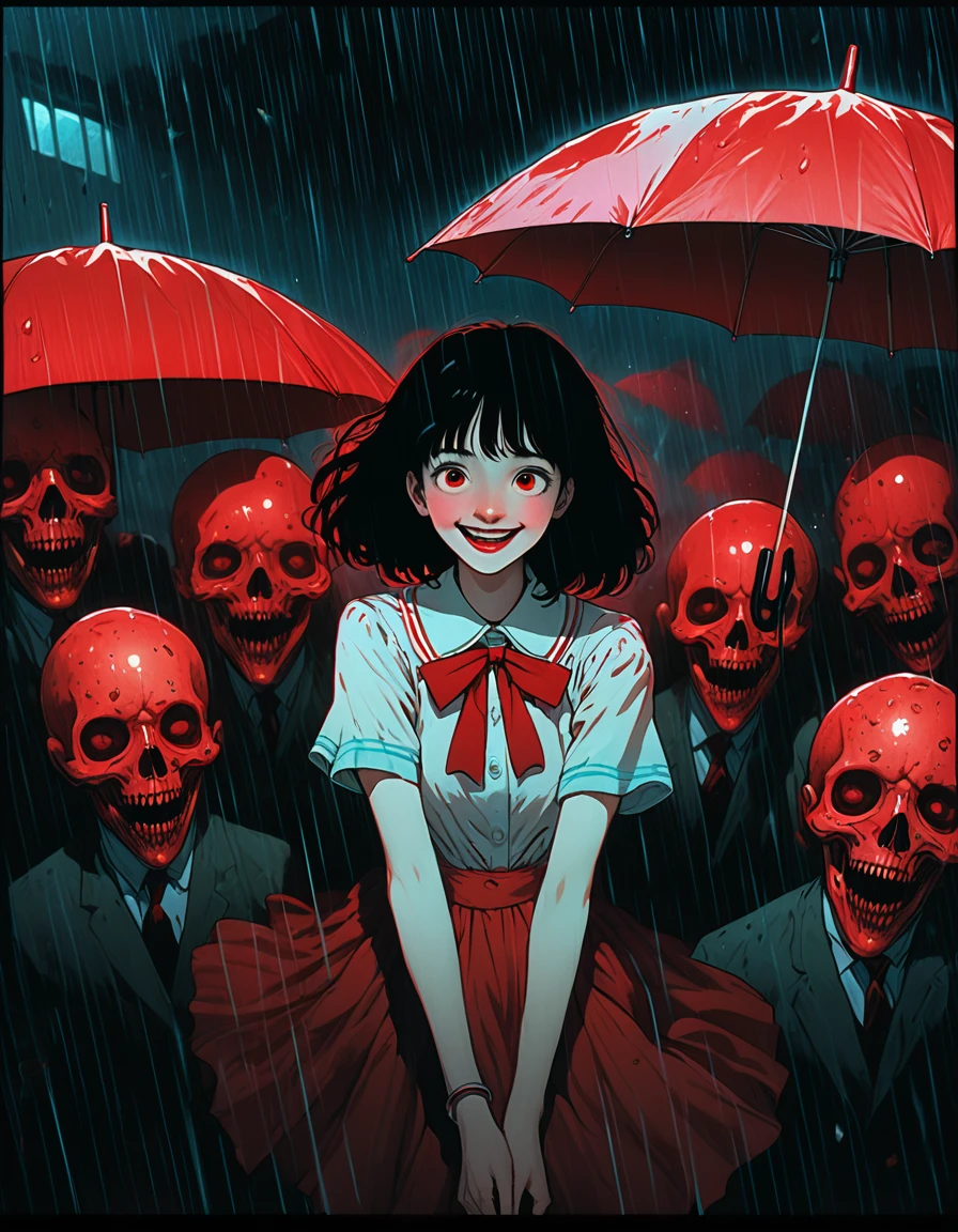 illust、art、from 80s horror movie, directed by Junji Ito、Red rain、tons of corpses、Smiling Girl、nightmare、anxiety、high detail, realsitic shadow、Analog style, vhs style, 8mm film, chromatic aberration, Dvd screengrab、Surrealism、There are flies swarming、A girl is dancing with an umbrella