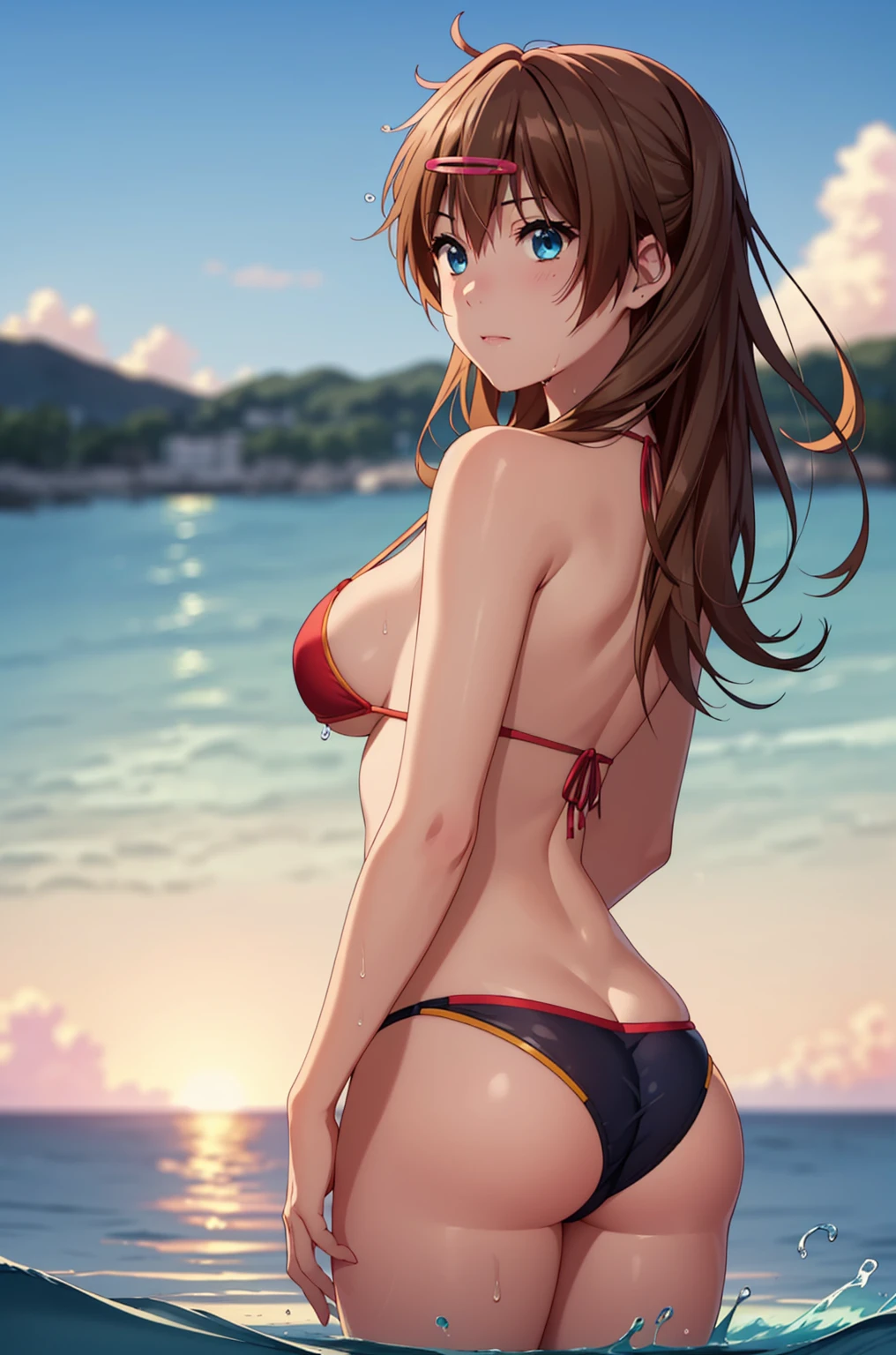 ((masterpiece, Highest quality, High resolution, uhd, Pixel perfect, Depth of written boundary, 4K, RTX, HDR)), 1 Girl, single, alone, 24-years-old, Beautiful Anime Girls, Beautiful art style, anime character, ((Parted bangs, Brown Hair)), (blue eyes、Round eyes, Delicate eyelashes、Beautiful eyelashes, Perfect Eyes), (Detailed face:1.2), (Smooth texture:0.75, Realistic texture:0.65, Realistic:1.2, Cinematic, Anime CG Style), Perfect body, Ocean:1.3、Moderately good breasts:1.7、Red Micro Bikini Swimsuit:1.8、Visible from the thighs:1.9、Wet、Water Drop、Splash、nsfw、visible from below、Seen from behind