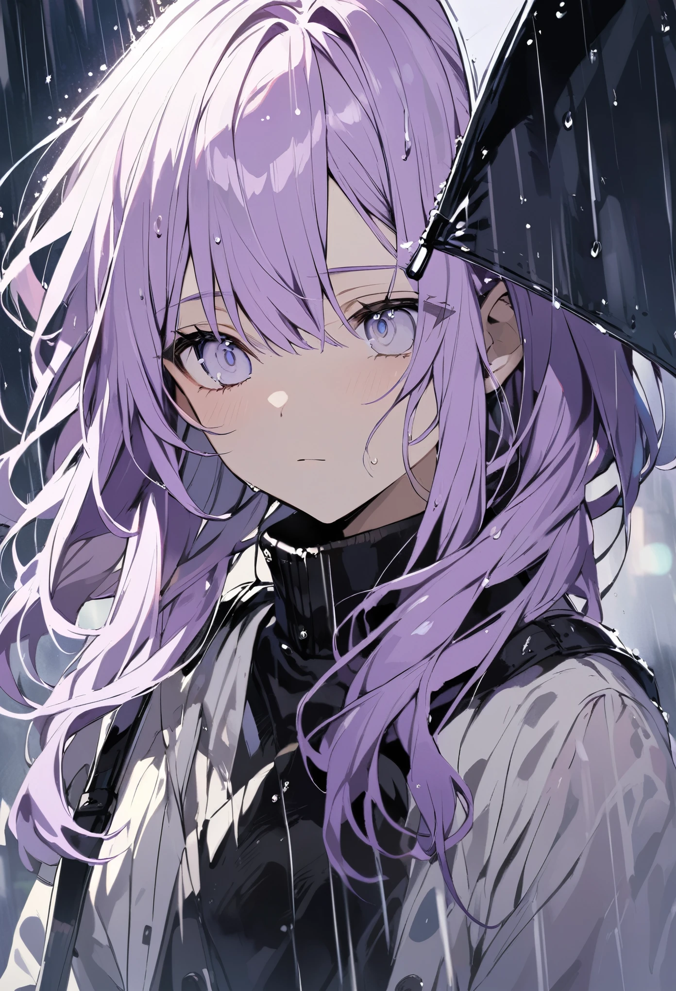 Light purple hair　White eyes　Walking in the rain　Close to the face