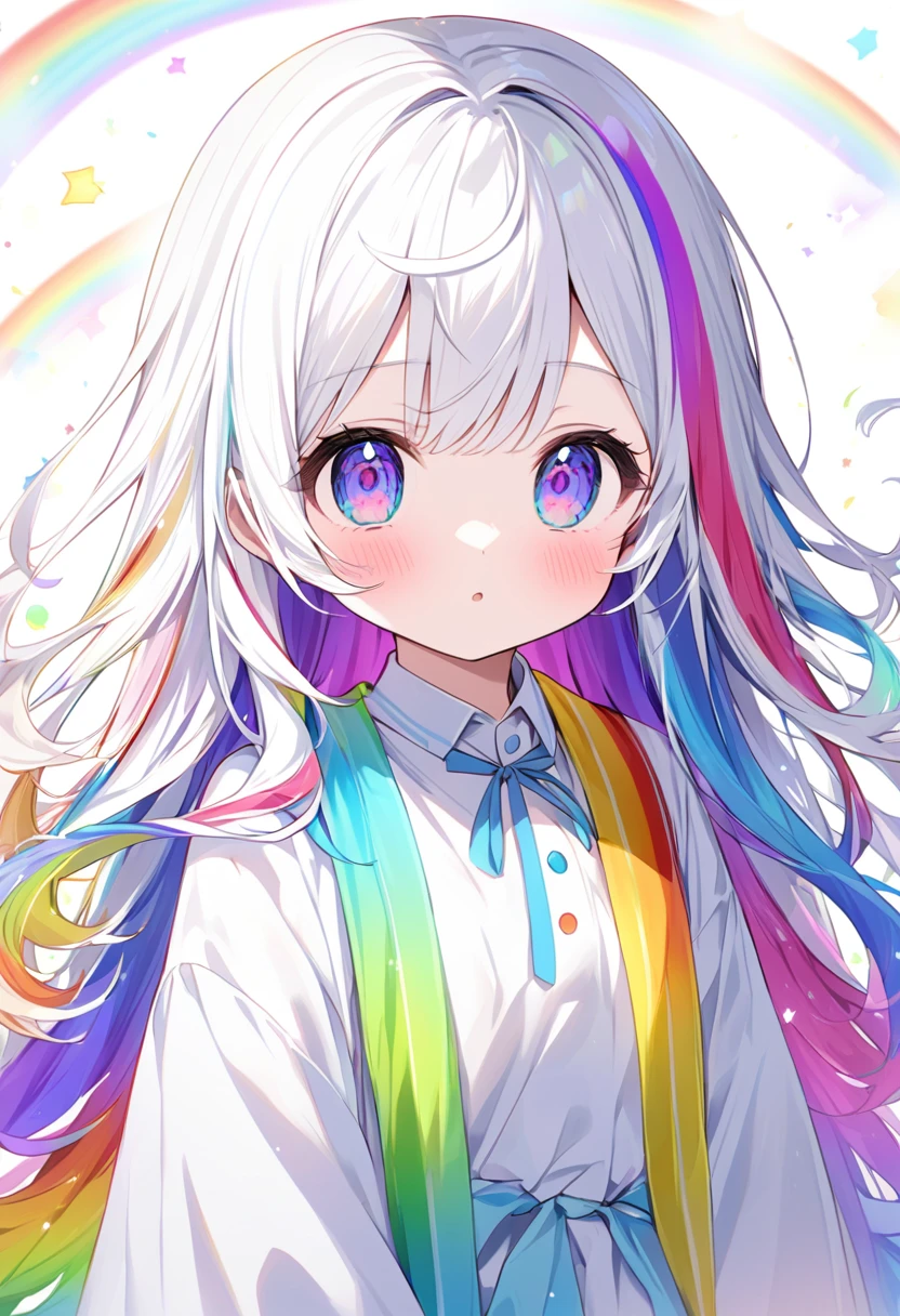 Rainbow colors、Bright colors、Colorful、mysteriouysteriousな色、White Hair、Bright white hair、White Hairの毛、Rainbow colorsの髪、Long Hair、beautiful、Rainbow colorsの目、Bright colorsの目、Colorfulな目、beautifulな目、White background、White Background、、Rainbow colors、White clothing、Can be various colorr.々The image of having the ability to become a、っぽい