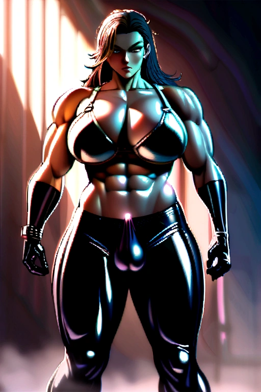Futanari bulge, wide hips, six pack abs, big breast, bra, latex pants, shemale