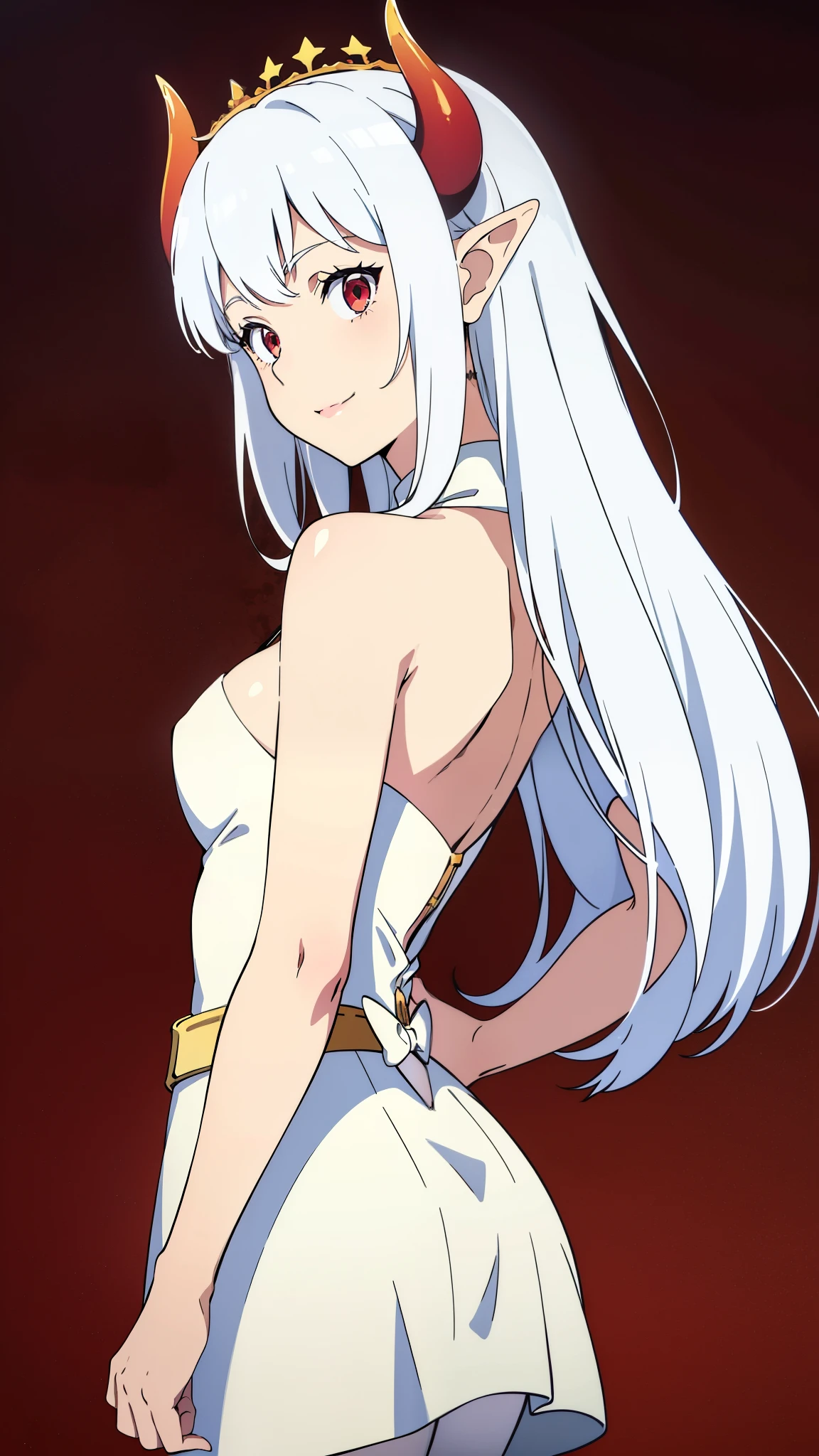 1girl,20s,solo,white short dress,white hair,long hair,elf ears,horns,white pantyhose,cleavage,red eyes,gold tiara,((no background)),talking,happy,smile,separated lips,back view,hand_on_own_cheek,looking to side,head up