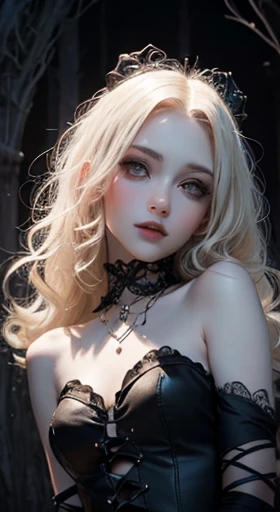 (UHD, retina, masterpiece, accurate, anatomically correct, textured skin, super detail, high details, high quality, best quality, highres, 1080P, HD, 4K, 8k, 16k), (beautiful detailed eyes, beautiful detailed lips, extremely detailed eyes and face), studio lighting, physically-based rendering, vivid colors of a skinny succubus (gothic dress, bare shoulders), (portrait, shiny platinum blonde hair, shiny skin), (dark forest, haunted woods in the mysterious night), (tilt your head to the side:1.5), eye reflection, (blush:1.5), (gothic art, pale skin:1.5), monochrome, (young slender girl:1.5),