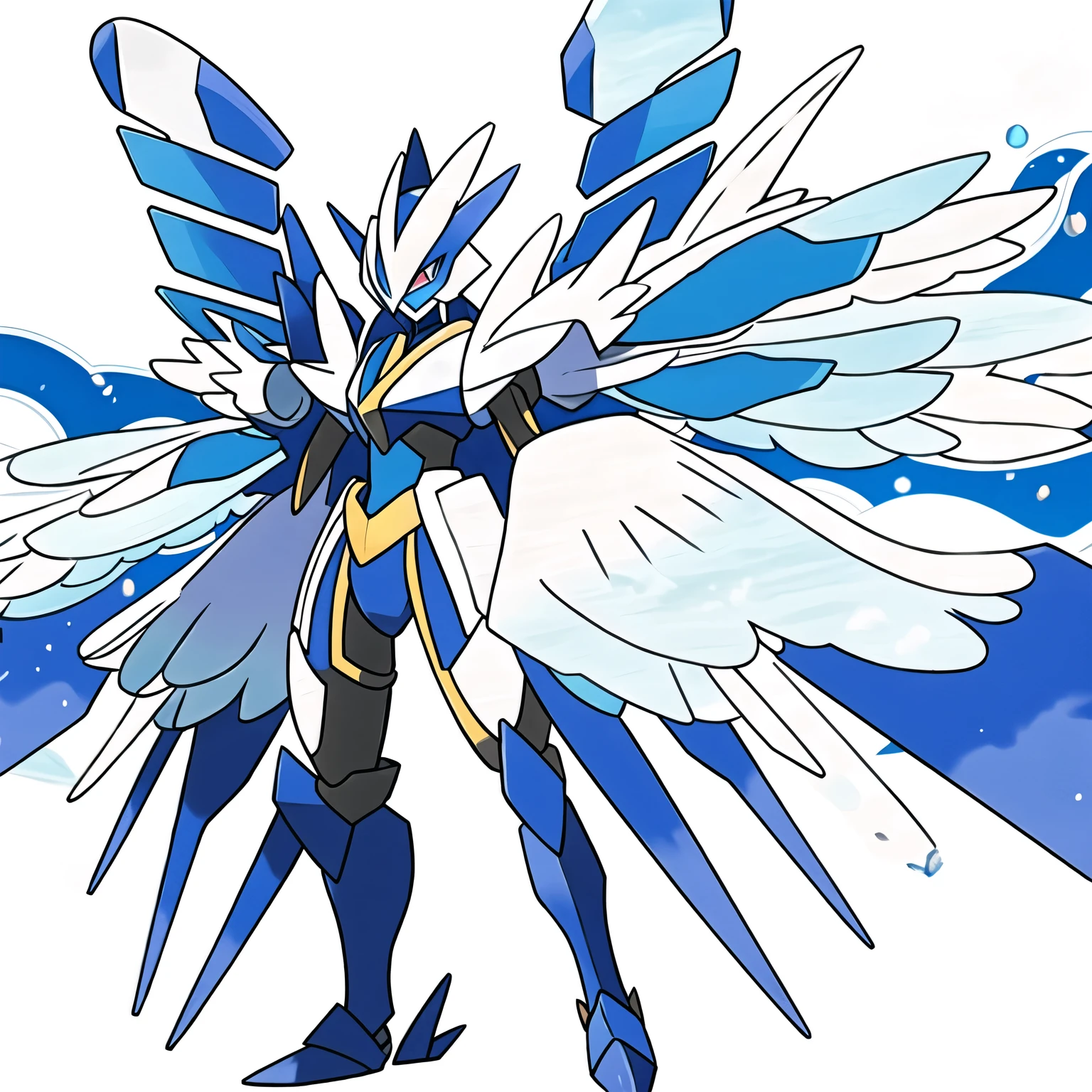 pokemon blue eyes colored sclera energy wings full body glowing glowing eyes helmet holding polearm horns ice lance looking at viewer mecha mechanical wings no humans pokemon \(creature\) 
