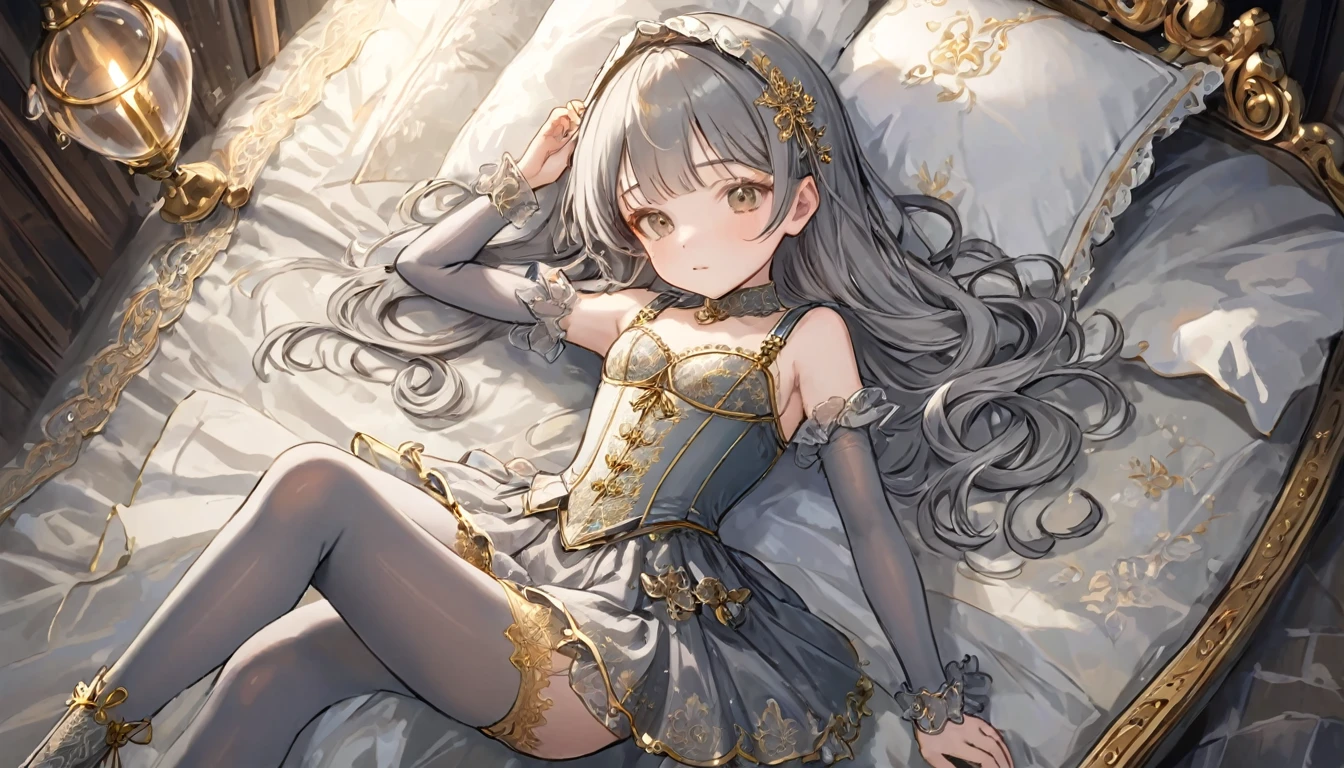 8 year old medieval girl, 1people々、In underwear、Gold and silver thread embroidery、Wearing semi-transparent bloomers that reach below the knee、Wearing a semi-transparent corset、Translucent slip, Grey translucent tights、sleep