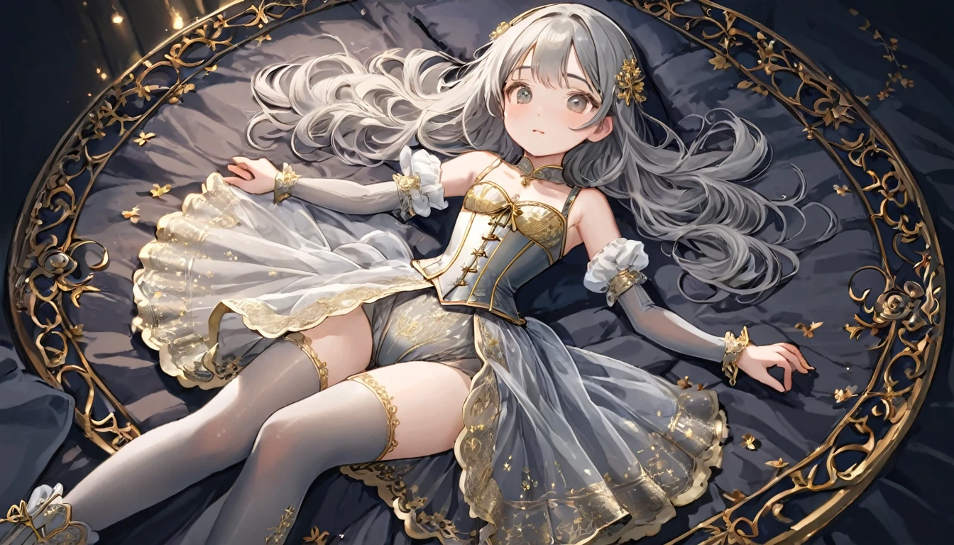 8  medieval girl, １people々、In underwear、Gold and silver thread embroidery、Wearing semi-transparent bloomers that reach below the knee、Wearing a semi-transparent corset、Translucent slip, Grey translucent tights、sleep