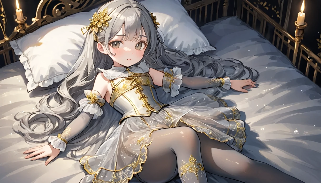 8 year old medieval girl, １people々、In underwear、Gold and silver thread embroidery、Wearing semi-transparent bloomers that reach below the knee、Wearing a semi-transparent corset、Translucent slip, Grey translucent tights、sleep