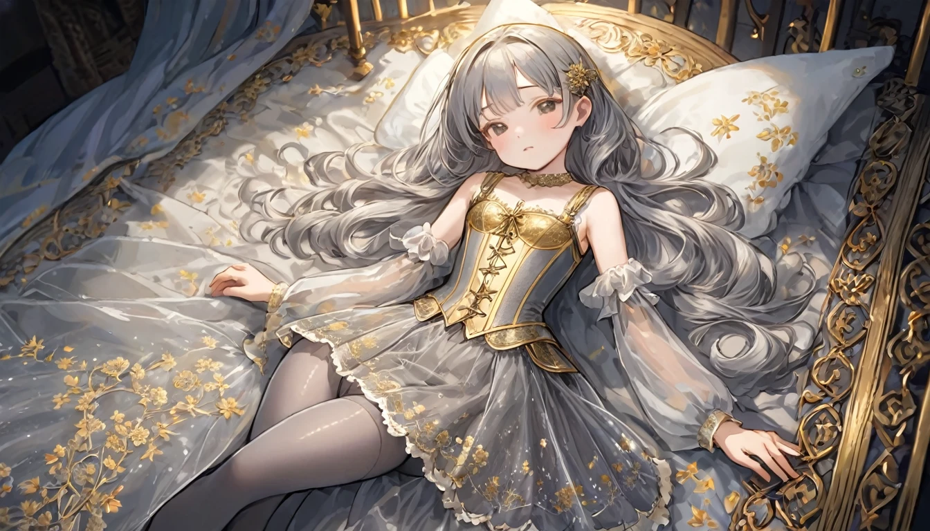 8 year old medieval girl, １people々、In underwear、Gold and silver thread embroidery、Wearing semi-transparent bloomers that reach below the knee、Wearing a semi-transparent corset、Translucent slip, Grey translucent tights、sleep