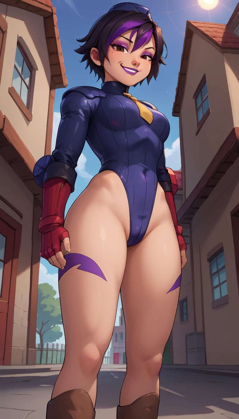 score_9, score_8_up, score_7_up, BREAK,gogotomago, 1girl, solo, short hair, black hair, jewelry, jacket, lo purple hair, purple lipstick, purple eyeshadow,  makeup, brown eyes, looking at the viewer, medium breasts,outdoors,city, full body, cameltoe,((purple leotard, brown boots, DOLLSUIT)), looking at viewer, hands on hips, bedroom eyes, smile, seen from below, dynamic angle