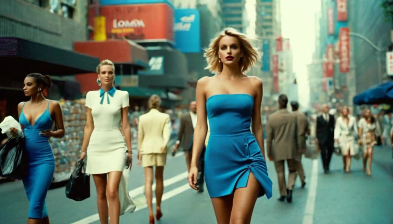 middle ground camera view of many kind of beautiful females walking on the street wearing very sexy short dresses and deep cleavaged futuristic fashion clothes,They are walking in a pedestrian street in a megacity at morning time. Males are wearing suits or t-shirt with blue jeans. In the background (((there are big garbage mounds on the street and many full trash cans))). The people have photorealistic faces and bodies, detailed facial features, perfect eyes and mouthes and skins with real human hands, rule of thirds.Different styled buildings cover the side of the futuristic street, the natural light of the sun illuminates at daytime. Bustling megacity with many skyscrapers in the background, Natural lights, neutral colors, lomochrome, vintage color tones, dramatic, dynamic composition.Lifelike textures, sharp focus, depth of field, cinematic lighting, Contrast lighting, volumetric lighting, best shadows,sharp focus, depth pf field, photorealism, Realism, Cinematic, Photoreal, 35mm film Screengrab a Super Panavision film, in color. best quality , hdr, uhd, 8k, 35 mm film, analog camera shot.
