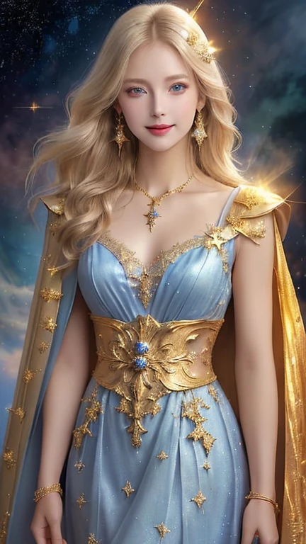 (masterpiece、Highest quality、High resolution、Best lighting、8K)、((One beautiful goddess、Standing posture、フローティング in the sky like a star))、(Gold and jewel decoration、Gold Bracelet、eye、nose、face、Blue Eyes、Elegant and beautiful)、(A look of mercy、Looking at this、Smiling expression、Bright atmosphere、カメラeye線)、(whole body、Blonde medium long、Reflected by light、Golden Cape、 White long dress、Beautiful chest、Sleeveless). The background is a myriad of stars and nebulae、The universe is full of light、