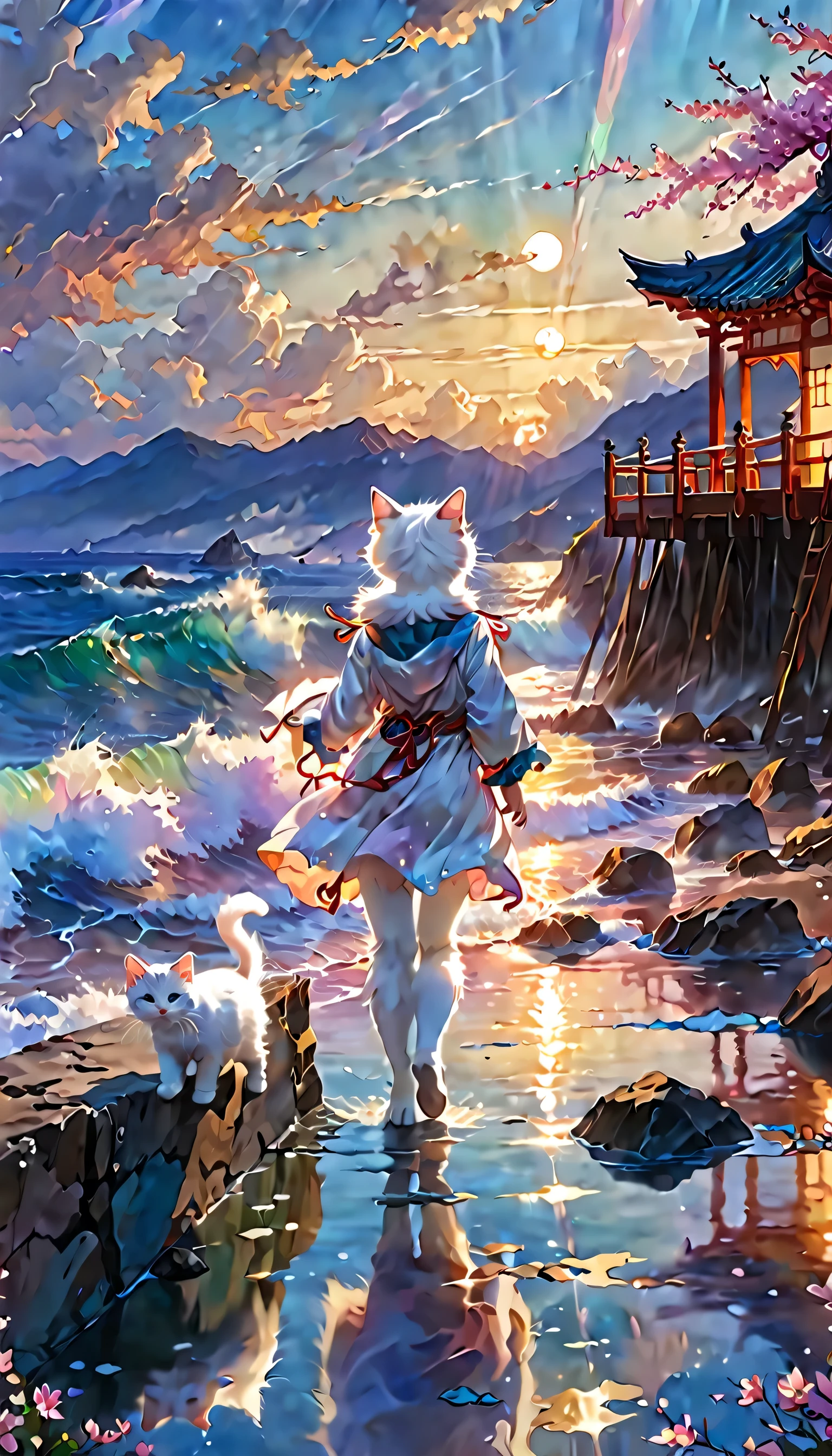(panoramic, center, masterpiece, best quality: 1.2), (8K、original photo、best quality、look up:1.2、masterpiece:1.2、realistic、Ultra-high resolution、High contrast、Light submap、real、Very detailed、Official Art, original photo、professional Lighting、 Light、Vivid atmosphere、twiceLight) , (1 girl), （A white kitten）,spring、Breakwater at dusk、In the distance, A girl and a kitten walking towards the sunset.。Feeling happy and joyful、I have a feeling，The future is bright。The scene is filled with a tranquil and contemplative atmosphere.、Expressing a high fantasy world。The guardian nebula of the rainbow light and silver steam、The sky is filled with the colors of the Corrosion Envelope Ray family、There&#39;There&#39;s a sticky feeling in the air.。Beautiful works of art exuding a mysterious atmosphere.。