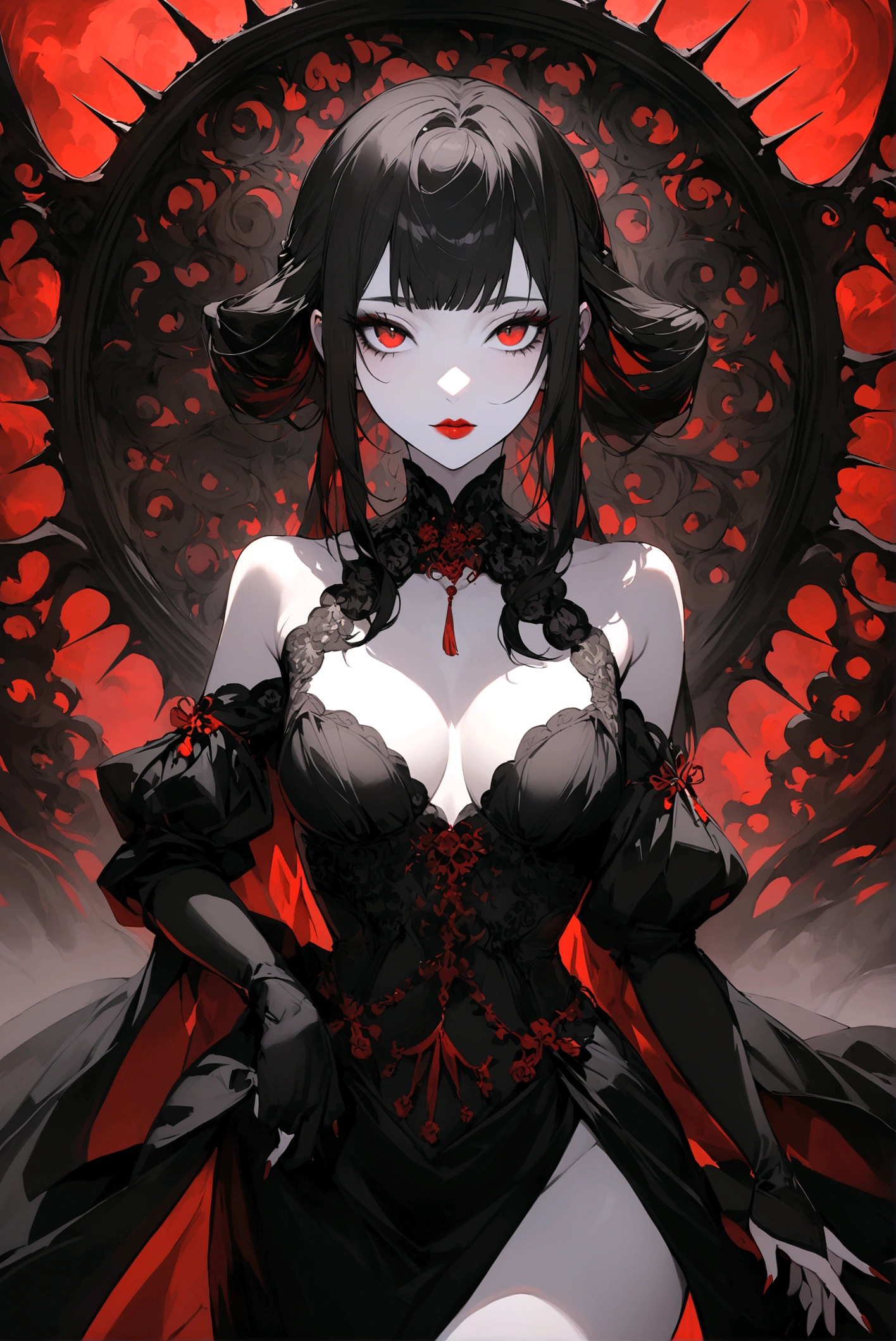 A seductive Gothic Asian woman, slim yet with a generous figure, is the main subject of this alluring image. Her dark hair cascades in waves around her pale face, contrasting with her bright crimson lips. The image is a highly detailed painting, her eyes captivating as they gaze directly at the viewer. The intricate lace of her corset enhances her silhouette, while delicate jewelry adorns her fingers and neck. This stunning portrayal captures the essence of mystery and sensuality with exquisite precision.