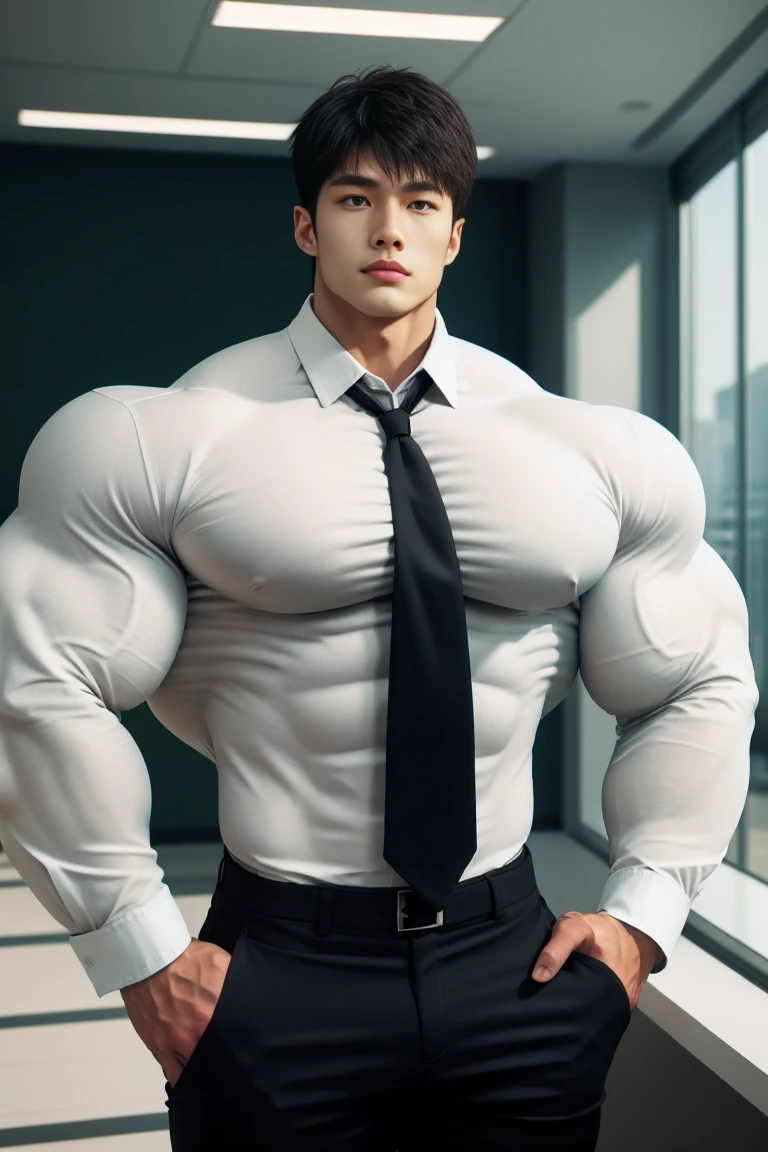 1 handsome young muscular man, (brutalmass:1.55), (Asian: 1.7), model, (detailed perfect face, black eyes: 1.2345), standing indoors, hands in pocket, (extremely wide and broad shoulders, super muscular, giant muscles: 1.331), (long sleeve formal white shirt, tie, black pants: 1.555), realistic skin, (ultra realistic, detailed, high quality, 8k image quality, finely detailed, masterpiece, best quality: 1.2), facing camera, looking at camera