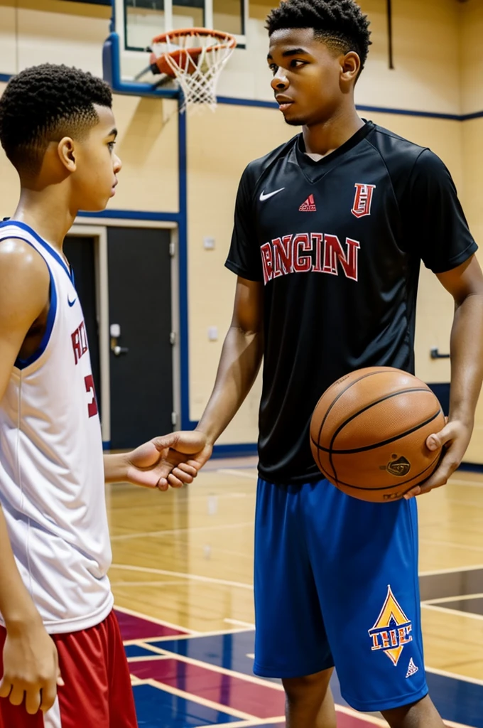 boy who is an expert in basketball teaching a boy who is inexperienced in the sport