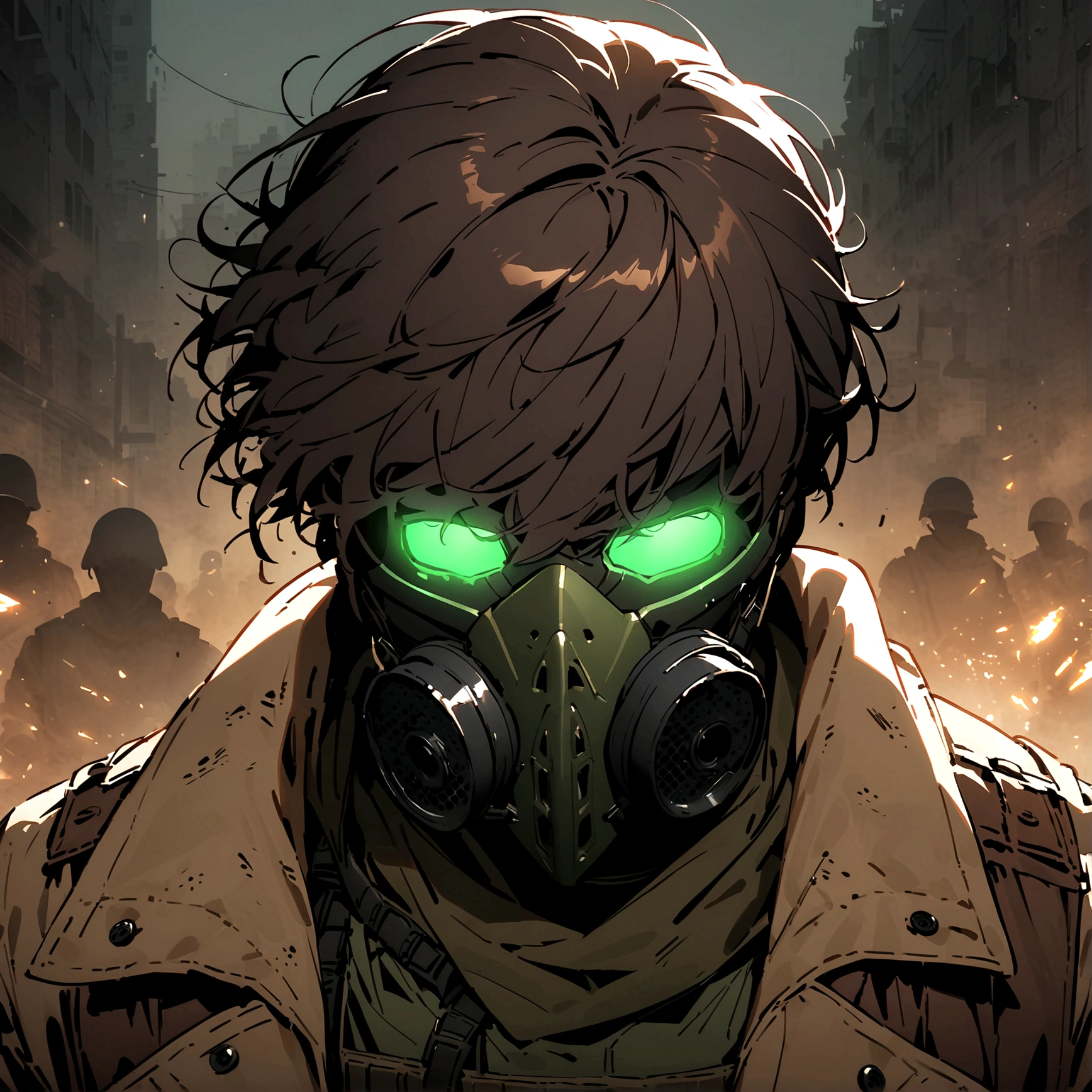 (masterpiece), best quality, faceless, hidden face, soldier, full face mask, green lenses, Male, Long Maroon hair, black M50 gasmask, brown leather fur lined duster coat, green tactical vest, black pants. green lenses, Brown coat, Dark brown coat, leather coat, Faceless, hidden face, cool, post apocalyptic soldier, brown coat, Flecktarn camouflage vest, Hairbun hairstyle, upper body, dark brown leather coat, solo, fur lined coat, overcoat, leather overcoat, portrait, green mask lenses, post apocalyptic soldier, PMC mercenary. Solo, Maroon hairbun hairstyle. Male, cool, threatening Soldier, Male, muscular, glowing lenses, hidden eyes, eyeless