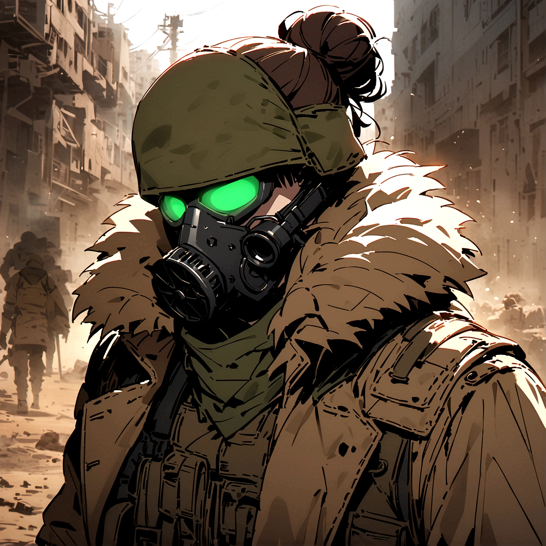(masterpiece), best quality, faceless, hidden face, soldier, full face mask, green lenses, Male, Long Maroon hair, black M50 gasmask, brown leather fur lined duster coat, green tactical vest, black pants. green lenses, Brown coat, Dark brown coat, leather coat, Faceless, hidden face, cool, post apocalyptic soldier, brown coat, Flecktarn camouflage vest, Hairbun hairstyle, upper body, dark brown leather coat, solo, fur lined coat, overcoat, leather overcoat, portrait, green mask lenses, post apocalyptic soldier, PMC mercenary. Solo, Maroon hairbun hairstyle. Male, cool, threatening Soldier, Male, muscular, glowing lenses, hidden eyes, eyeless