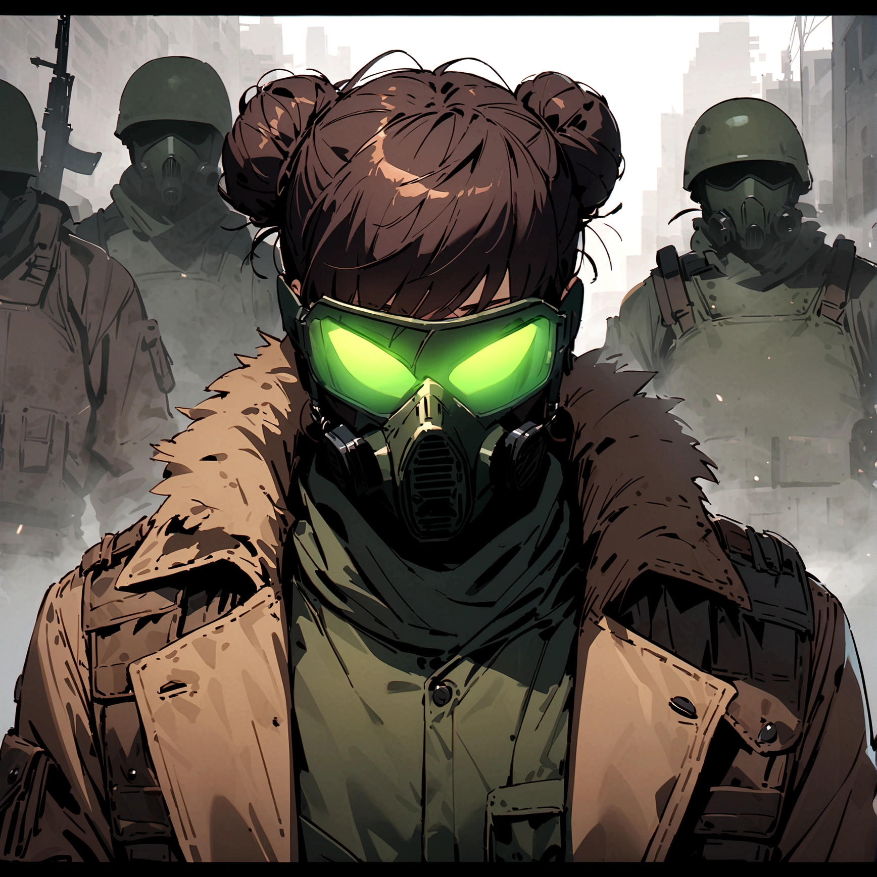(masterpiece), best quality, faceless, hidden face, soldier, full face mask, green lenses, Male, Long Maroon hair, black M50 gasmask, brown leather fur lined duster coat, green tactical vest, black pants. green lenses, Brown coat, Dark brown coat, leather coat, Faceless, hidden face, cool, post apocalyptic soldier, brown coat, Flecktarn camouflage vest, Hairbun hairstyle, upper body, dark brown leather coat, solo, fur lined coat, overcoat, leather overcoat, portrait, green mask lenses, post apocalyptic soldier, PMC mercenary. Solo, Maroon hairbun hairstyle. Male, cool, threatening Soldier, Male, muscular, glowing lenses, hidden eyes, eyeless