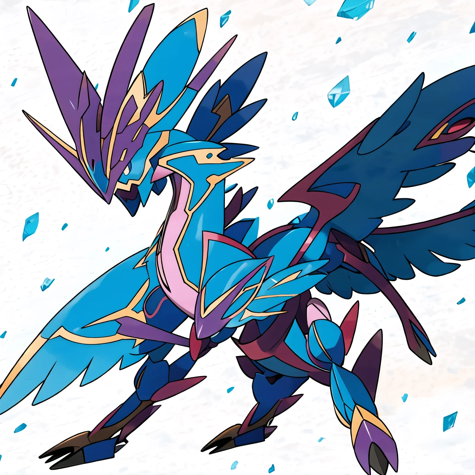 pokemon blue eyes colored sclera energy wings full body glowing glowing eyes helmet holding polearm horns ice lance looking at viewer mecha mechanical wings no humans pokemon \(creature\) 
