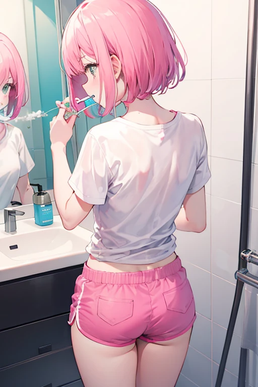 cute girl with short pink hair with bangs, wearing a white shirt and pink shorts, brushing their teeth, bathroom, with their back turned to the camera, she is not looking at the camera, 8k
