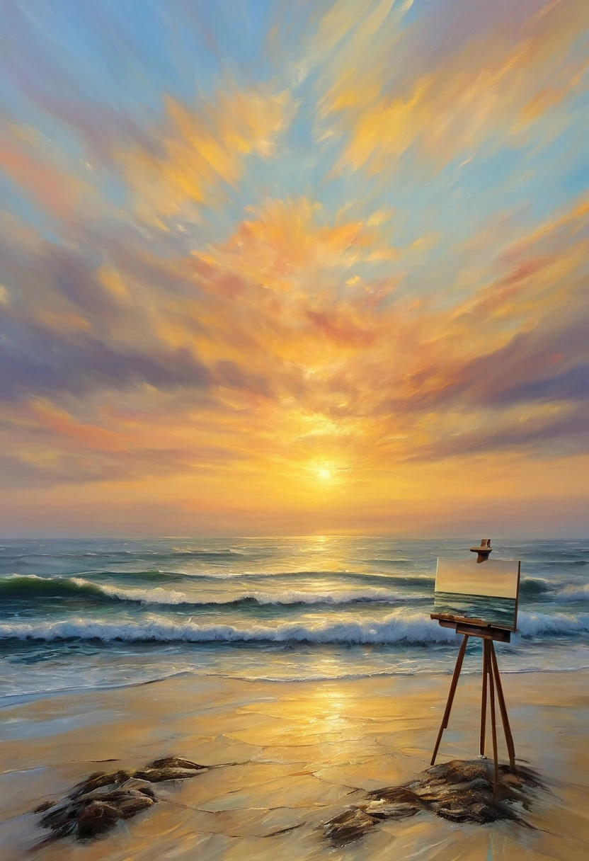 An oil painting，sunrise，Ocean，horizon，peaceful，easel