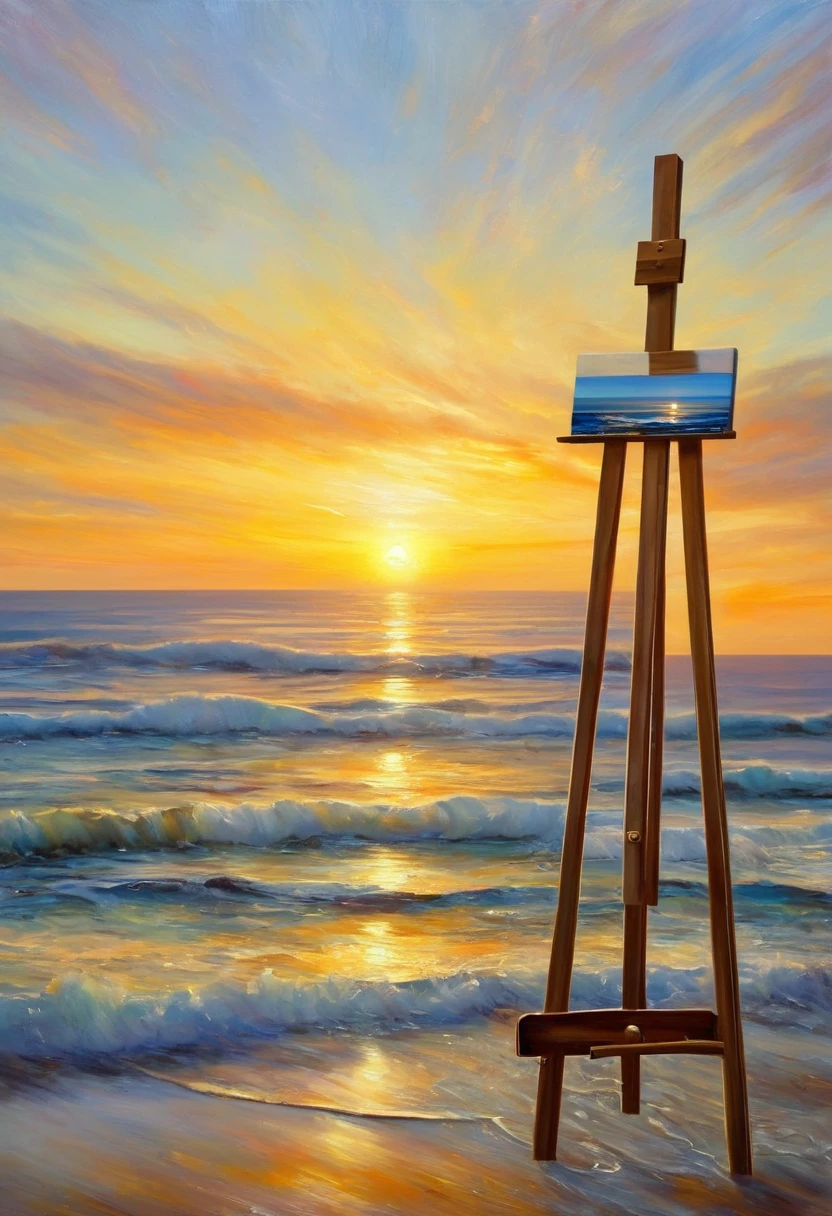 An oil painting,sunrise,Ocean,horizon,peaceful,easel